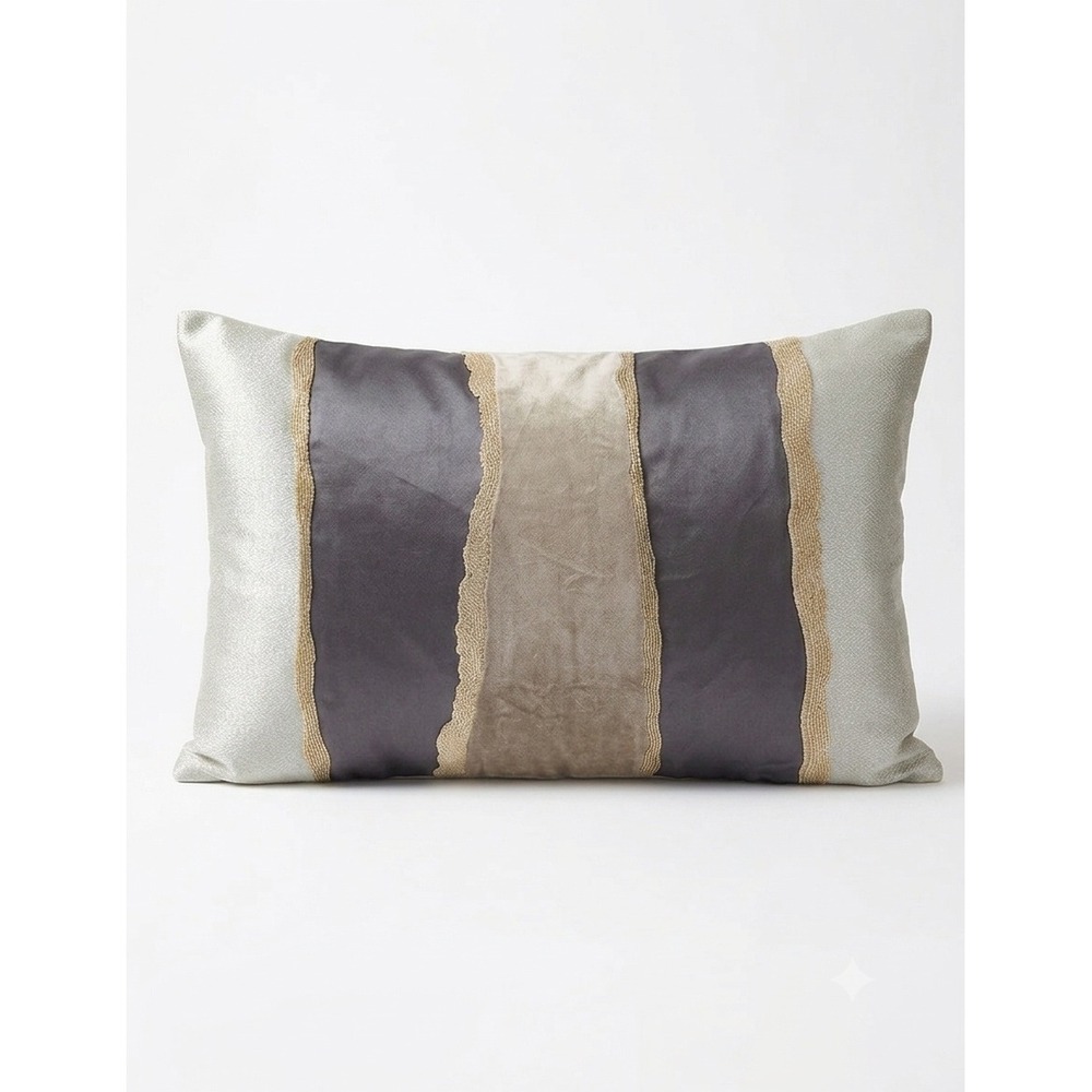 Callisto Home Luxury Lumbar Pillow Cover Metallic Charcoal Velvet Beaded 14x24